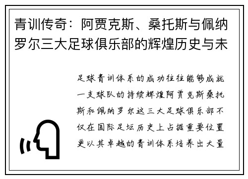 青训传奇:阿贾克斯、桑托斯与佩纳罗尔三大足球俱乐部的辉煌历史与未来发展 青训传奇:阿贾克斯、桑托斯与佩纳罗尔三大足球俱乐部的辉煌历史与未来发展