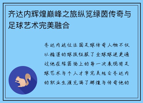 齐达内辉煌巅峰之旅纵览绿茵传奇与足球艺术完美融合